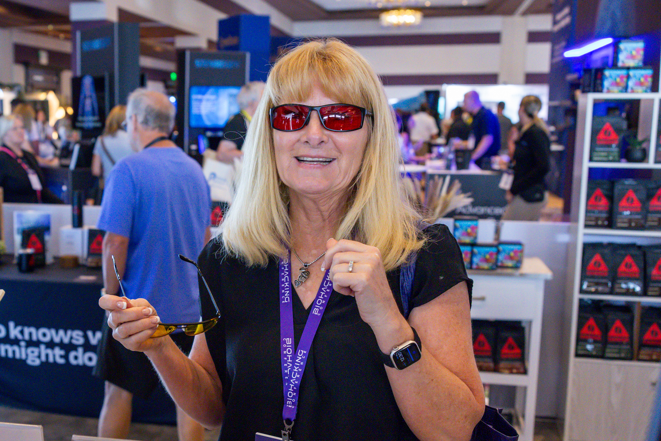 woman trying out circadian rythm support glasses